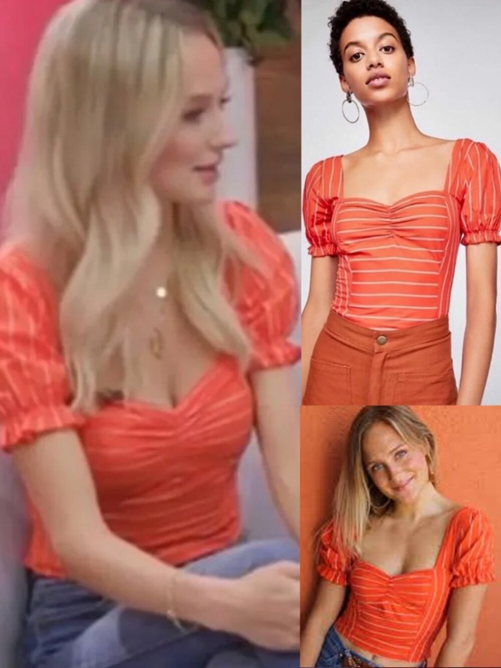 Free People Rose Garden Poplin Crop Top S Orange Striped Sweetheart Smocked Back